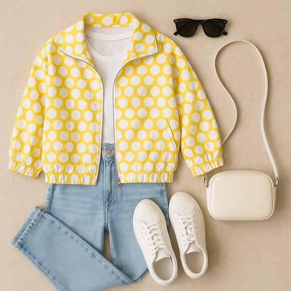 Live A Little Women’s Medium Butter Yellow Polka Dot Zip Jacket Preppy Classic - Picture 1 of 8